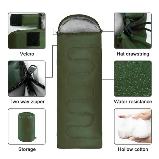 Green sleeping bag with features highlighted on a white background