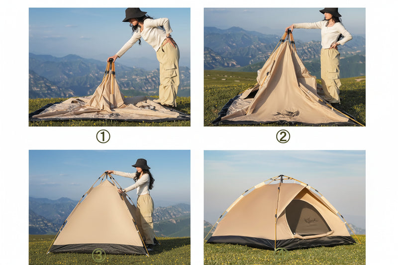 Load image into Gallery viewer, Step-by-step guide on setting up a tent with a person in a mountainous landscape.
