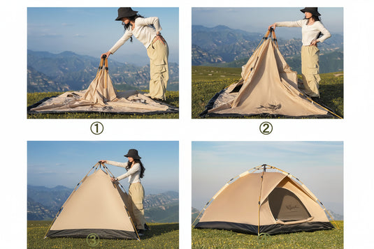 Step-by-step guide on setting up a tent with a person in a mountainous landscape.