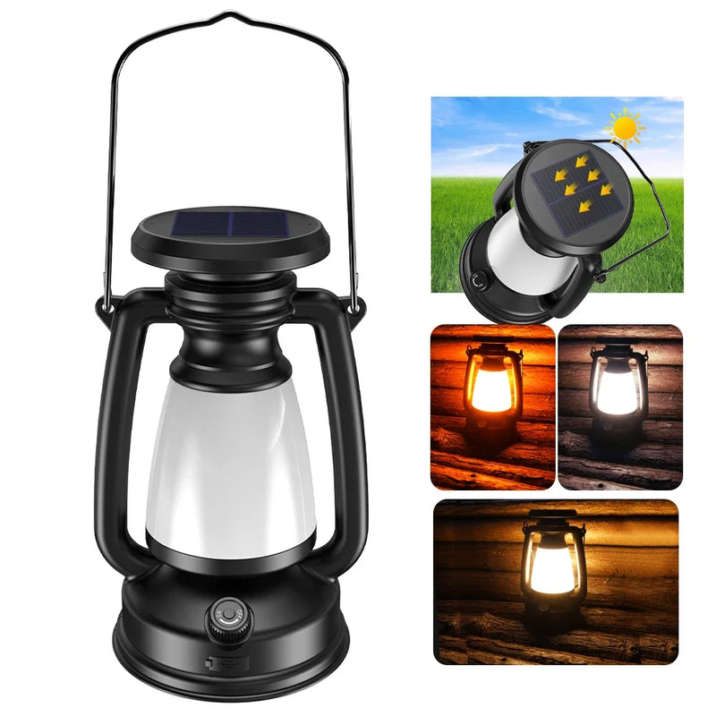 Load image into Gallery viewer, Retro Solar USB Camping Lantern | Stepless Dimming 3000–5000K Tent Light | Portable Hanging Lamp
