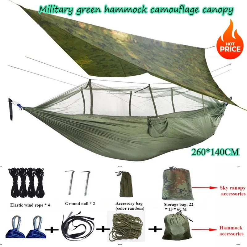 Load image into Gallery viewer, Camping Hammock with Mosquito Net &amp; Rainfly – All-in-One Sunshade Shelter for Outdoor Comfort
