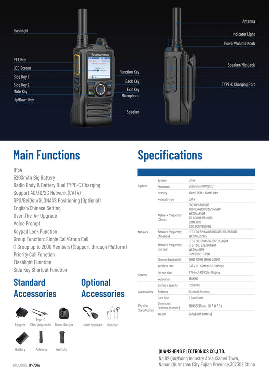 Handheld Walkie Talkie POC IP-700A 4G LTE Wifi GPS Long Range GSM Communication Increased 100km