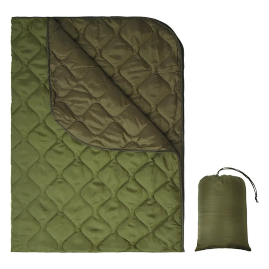 Green quilted blanket with a carrying bag on a white background
