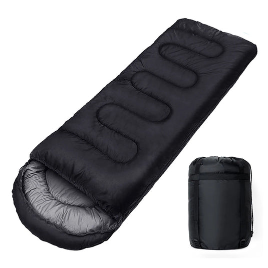 Black sleeping bag with its compressed version on a white background