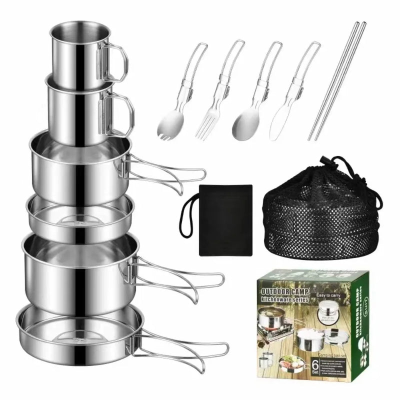 Load image into Gallery viewer, 12PCS Adventure Camp Cook Set | Camping Pots and Pans Family Cookset Non-Toxic 304 Stainless Steel

