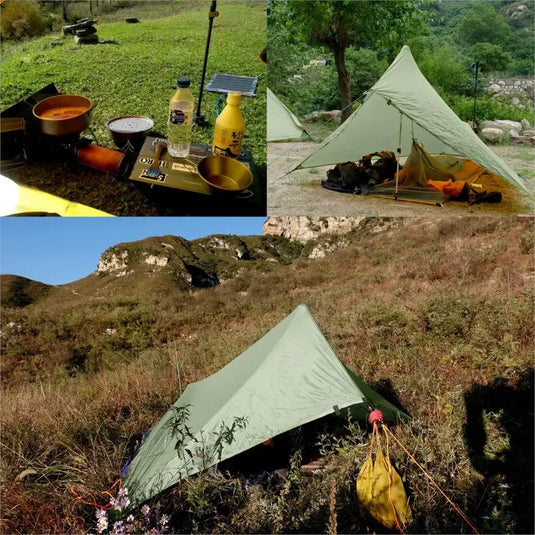 Collage of camping scenes with tents, cooking equipment, and natural landscapes.
