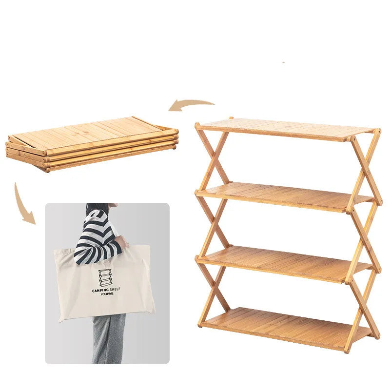 Load image into Gallery viewer, Bamboo Folding Camping Storage Rack | Multi-Layer Portable Outdoor Shelf | Foldable Camp Table
