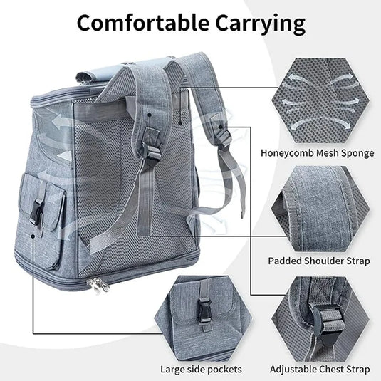 Breathable Pet Travel Backpack Comfortable Carrier with Side Pockets for Small Dogs & Cats