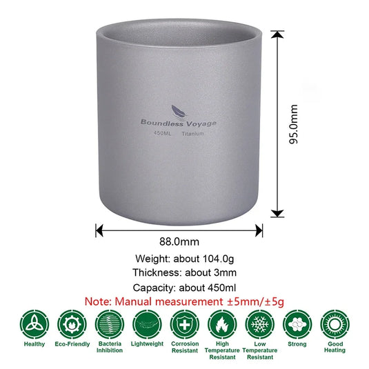 Titanium Double Wall Camp Cup Set | 120ml–450ml Insulated Teacup Coffee Mug | Outdoor Tableware