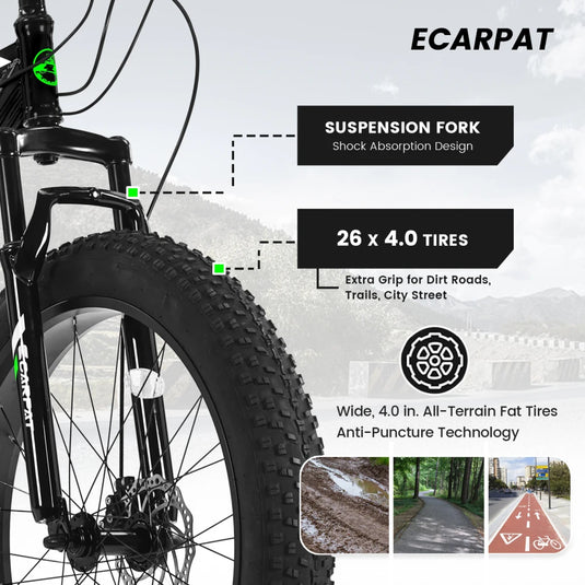 26-Inch Fat Tire Mountain Bike | Full Shimano 21-Speed, Dual Disc Brakes, Shock Absorbing Fork | Urban & Off-Road Trail Bicycle