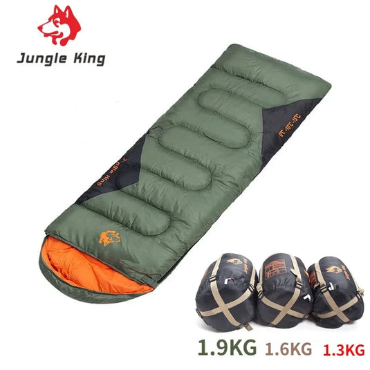 Green sleeping bag with orange interior, Jungle King logo, and weight indicators on a white background.
