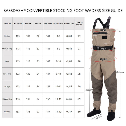 Bassdash Men Fishing Stocking Foot Wader Breathable Lightweight Chest and Waist Convertible For Hunting in 7 Sizes