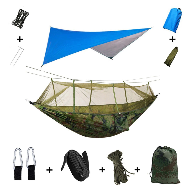 Load image into Gallery viewer, 2-in-1 Hammock with Mosquito Net &amp; Rain Tarp – Portable Survival Shelter for Camping &amp; Outdoor Use
