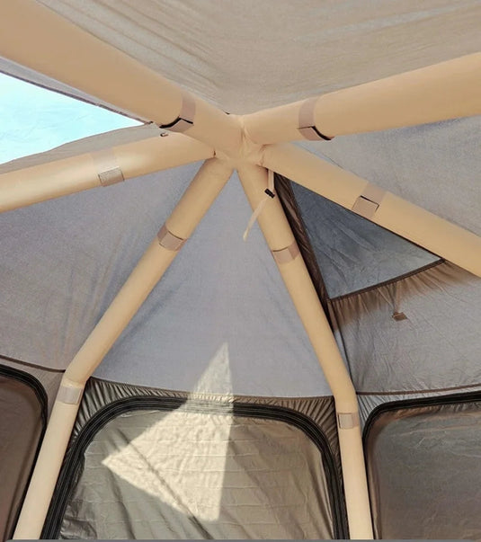 Hexagonal structural air column of a tent with text indicating safety and stability.