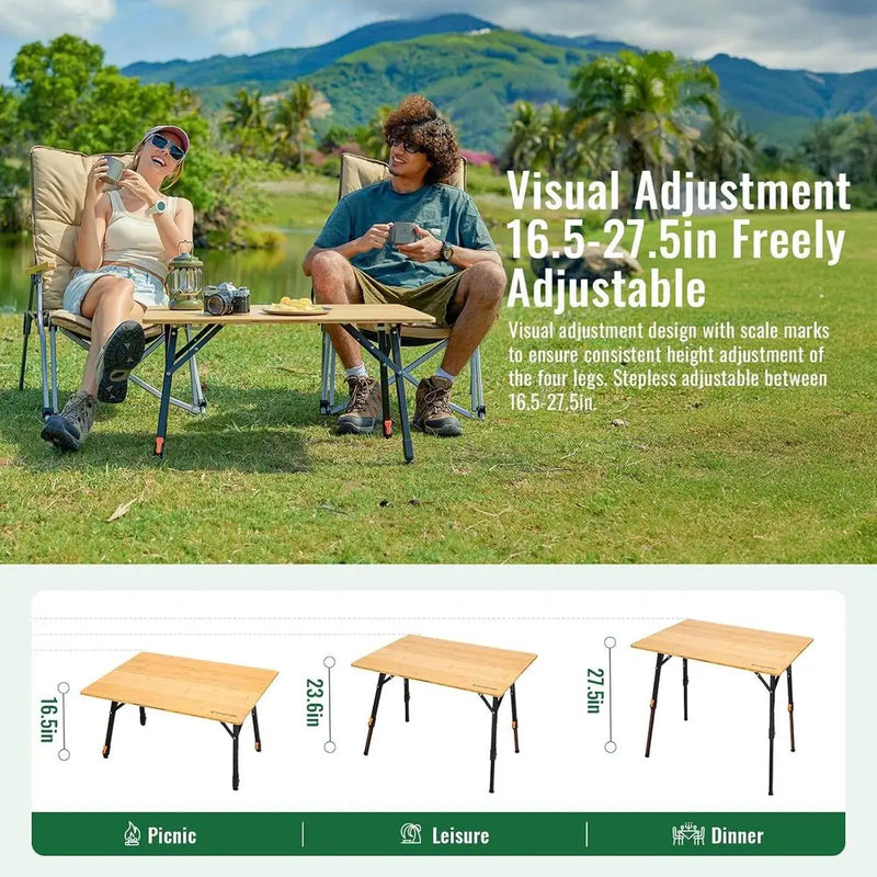 Load image into Gallery viewer, 4-Fold Bamboo Camping Table | Adjustable Height Aluminum Frame | Portable Outdoor RV Picnic Table
