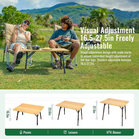 4-Fold Bamboo Camping Table | Adjustable Height Aluminum Frame | Portable Outdoor RV Picnic Table