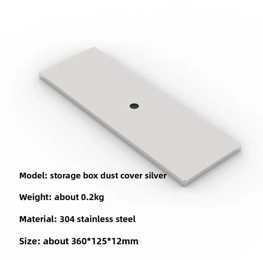 Silver storage box dust cover with product details on a white background
