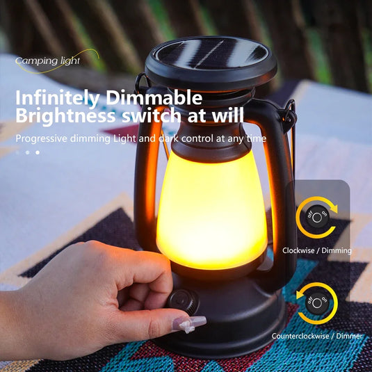 Retro Solar USB Camping Lantern | Stepless Dimming 3000–5000K Tent Light | Portable Hanging Lamp