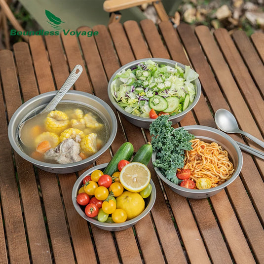 Titanium Camping Plates Bowls Set | Stackable Ultralight Dinnerware | Outdoor Serving Skillet