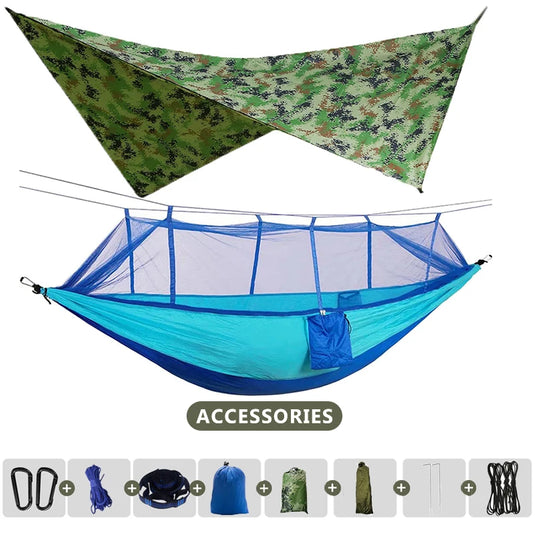 Double Camping Hammock with Mosquito Net & Rain Fly – 260x140cm Lightweight Parachute Hammock for Travel & Hiking
