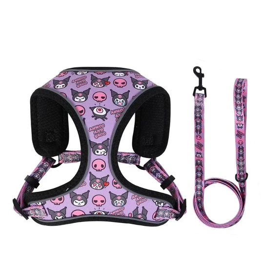 Sanrioed Kuromi Reflective Dog Harness Cartoon Adjustable Small and Medium Dog Quick Release Vest Harness Soft Walking Leash Set