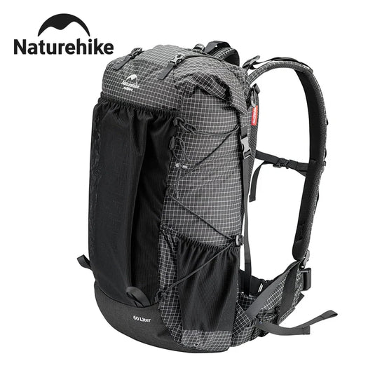 Black and gray backpack with 'Naturehike' branding on a white background