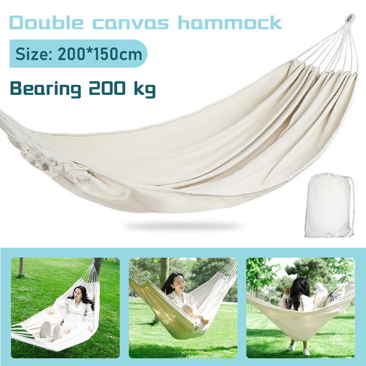 White Canvas Camping Hammock – 150×190cm Double Swing Bed (No Stick Design)
