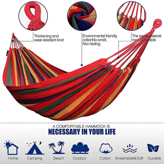 Striped Canvas Hammock for 2 – Thickened, Anti-Rollover, Portable Outdoor Swing