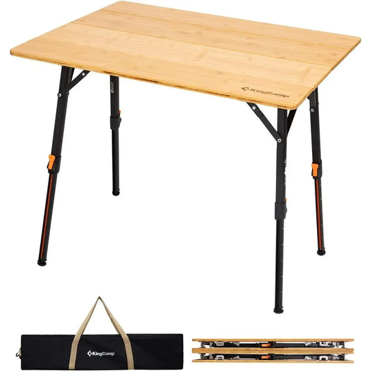 4-Fold Bamboo Camping Table | Adjustable Height Aluminum Frame | Portable Outdoor RV Picnic Table