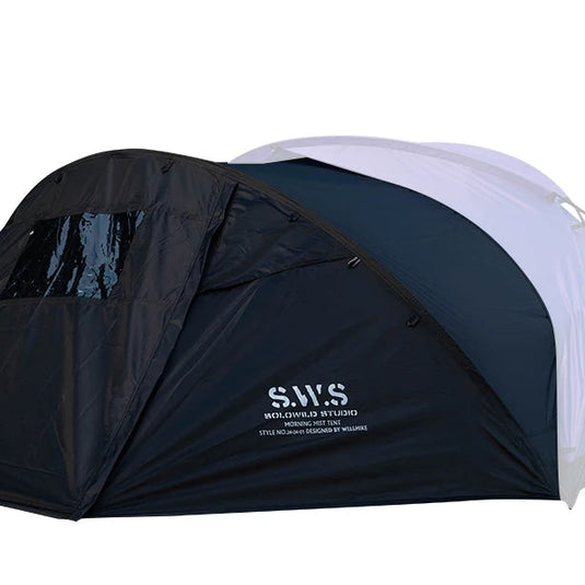 Black and white tent with SWS branding, including tent, carrying bag, and stakes on a white background.