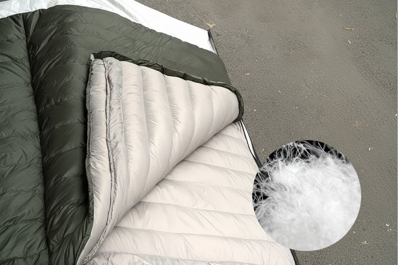 Load image into Gallery viewer, Close-up of a sleeping bag with white duck down filling and text detailing its properties.
