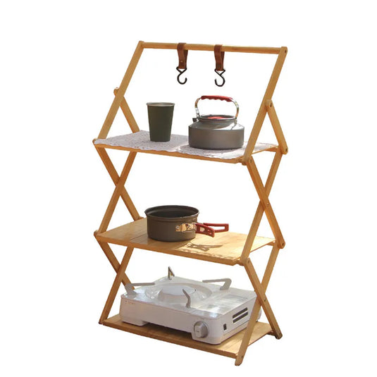Bamboo Folding Camping Storage Rack | Multi-Layer Portable Outdoor Shelf | Foldable Camp Table
