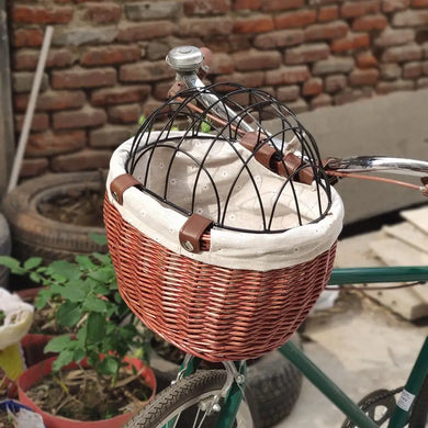 Handwoven Wicker Pet Bike Basket Waterproof Handlebar Carrier with Metal Cover for Small Dogs & Cats