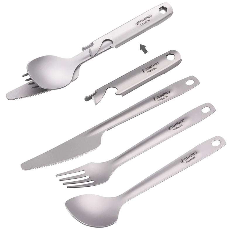 Load image into Gallery viewer, Titanium 4-in-1 Camping Cutlery Set with Multitool Storage Holder | Lightweight Outdoor Flatware
