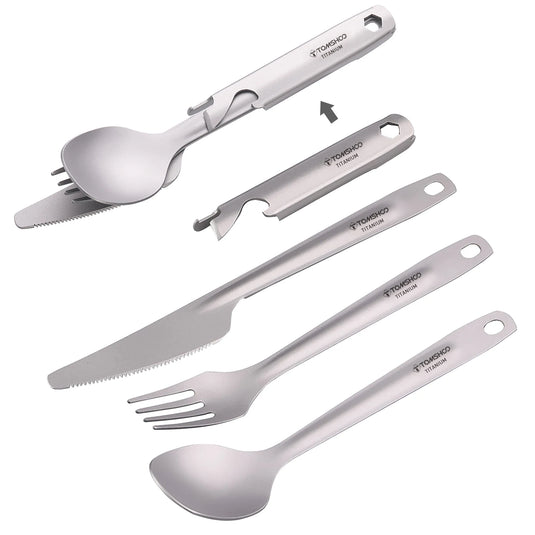 Titanium 4-in-1 Camping Cutlery Set with Multitool Storage Holder | Lightweight Outdoor Flatware