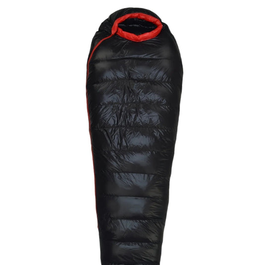 Black sleeping bag with red interior on a white background