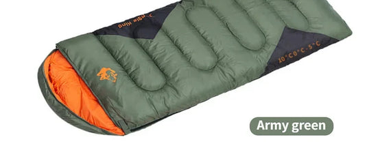 Green sleeping bag with orange interior on a white background, featuring product details.