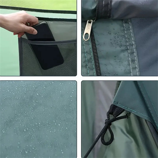 Collage of a hand holding a phone, raindrops on fabric, zipper detail, and water droplets on fabric.