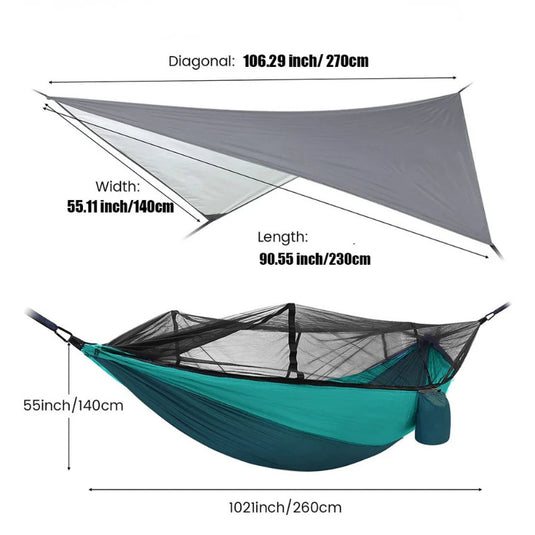 Double Camping Hammock with Mosquito Net & Rain Fly – 260x140cm Lightweight Parachute Hammock for Travel & Hiking