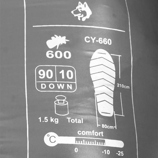 Technical specifications of a sleeping bag on a dark background