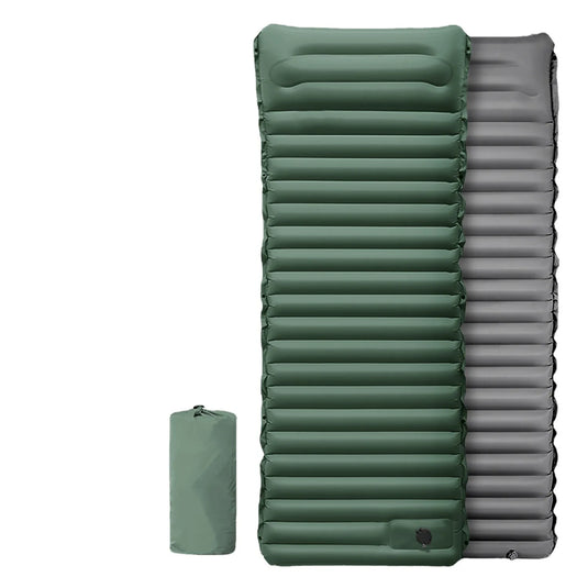 Green and gray inflatable sleeping pad with a smaller green pack on a white background