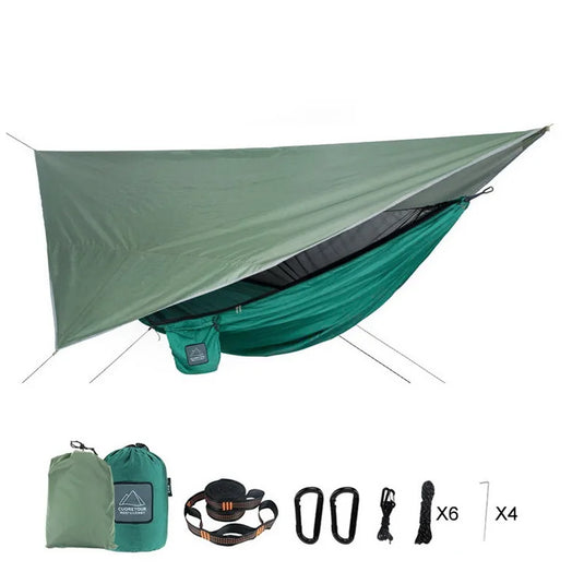 Green camping hammock with accessories on a white background