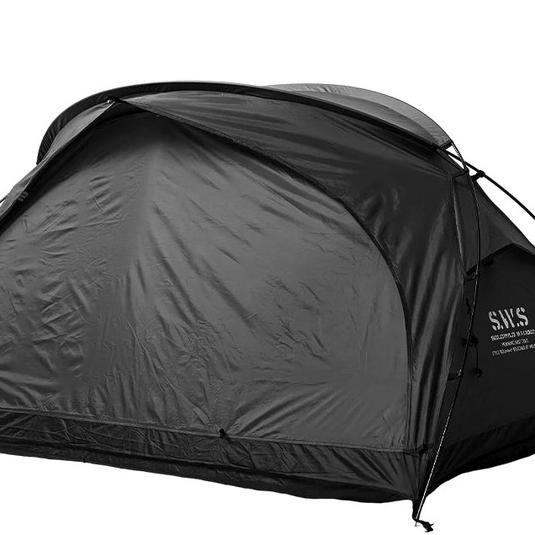 Black SWS tent with specifications on a white background