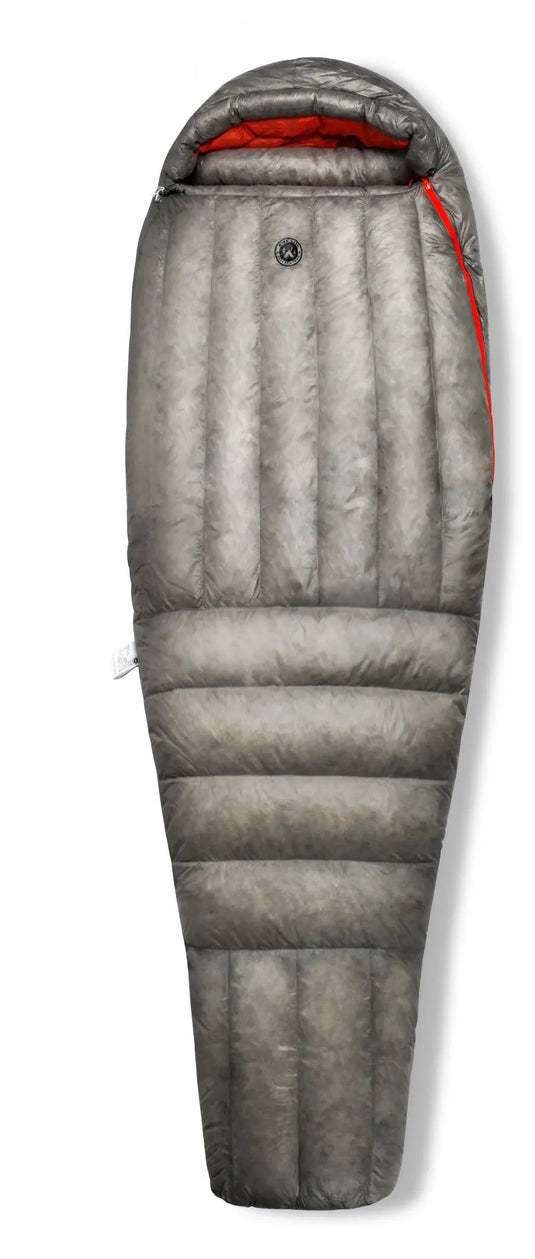 Gray sleeping bag with specifications on a white background
