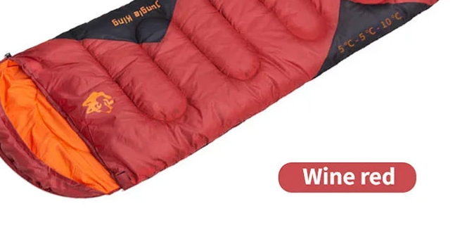 Load image into Gallery viewer, Red sleeping bag with product details on a white background
