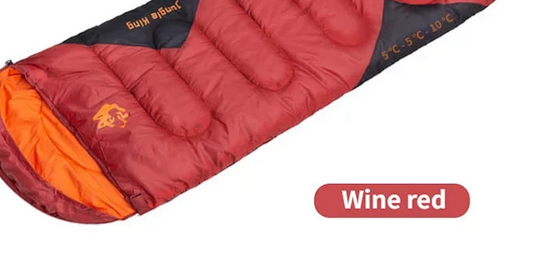 Red sleeping bag with product details on a white background