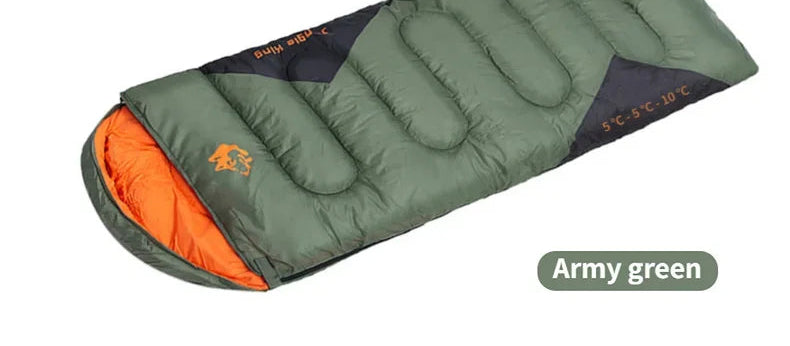 Load image into Gallery viewer, Green sleeping bag with orange interior on a white background, featuring product details.

