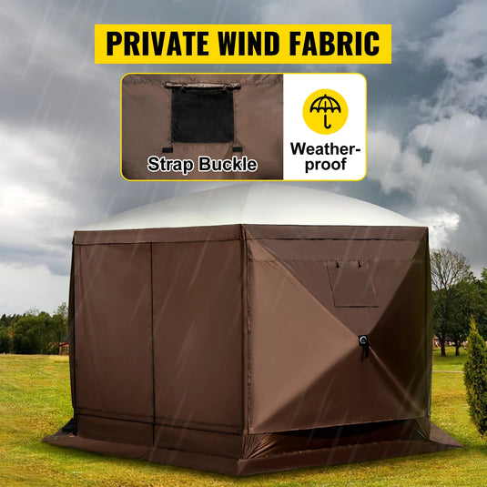 Brown private wind fabric cover with strap buckle and weatherproof feature, set against a cloudy sky.