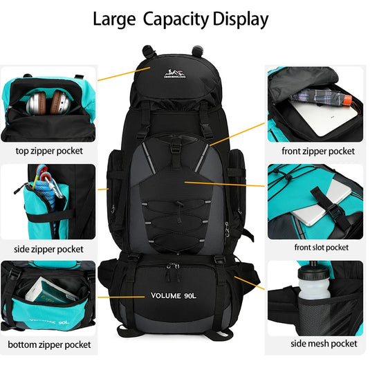 90L Hiking Camping Backpack with Rain Cover | Waterproof Trekking Rucksack | Large Climbing Travel Bag