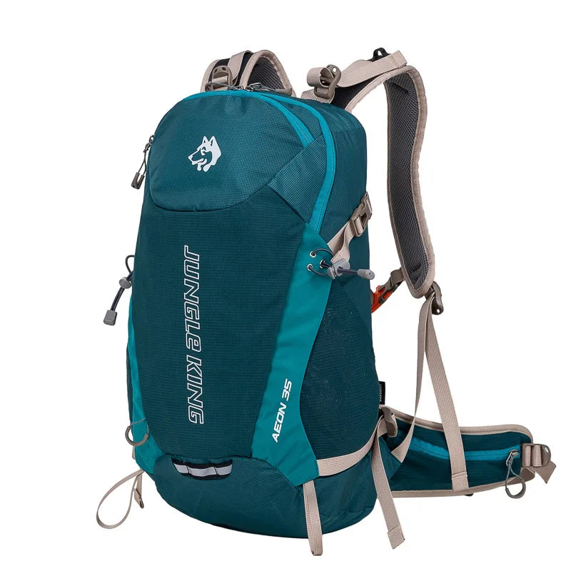 Load image into Gallery viewer, Teal hiking backpack with 'Jungle King' branding on a white background
